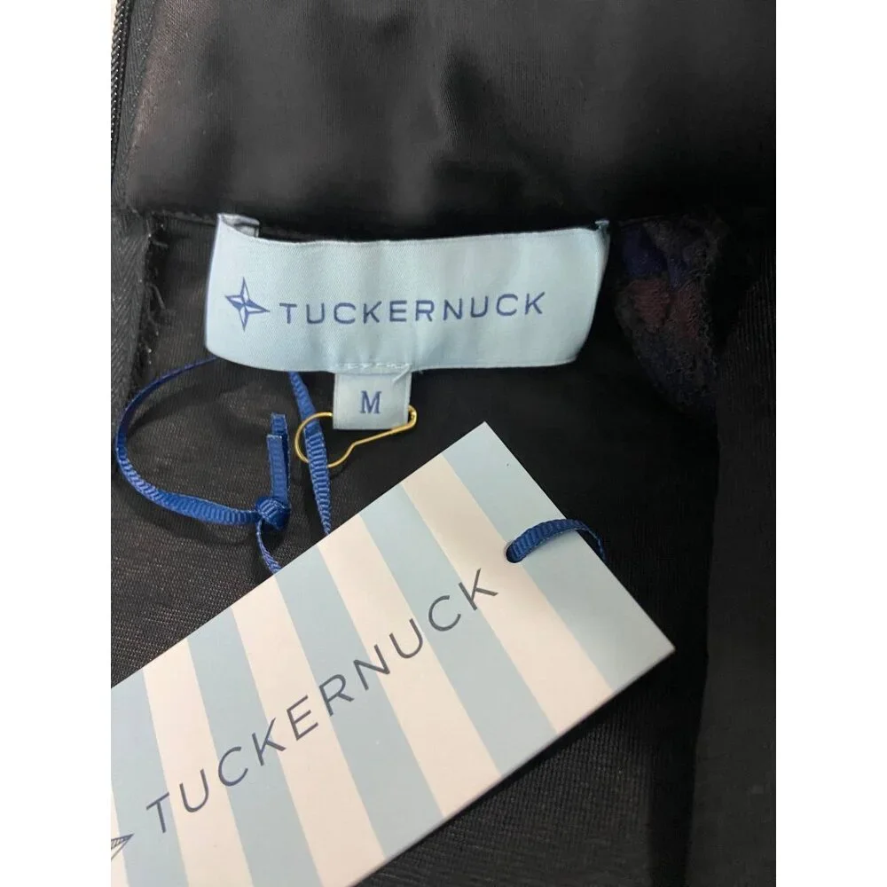 NWT Tuckernuck Navy & Brown Geometric Print Quilted Mock Neck Dress-sz Medium - Picture 3 of 7
